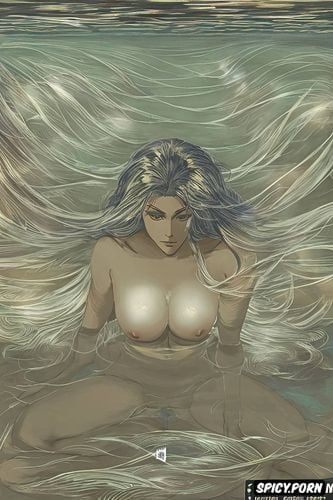 sepia, long flowing hair, tan lines, pov, plants, feathers, vagina is mirrored in the water
