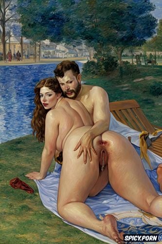 man and woman, white couch, manet, plus size model, thick body