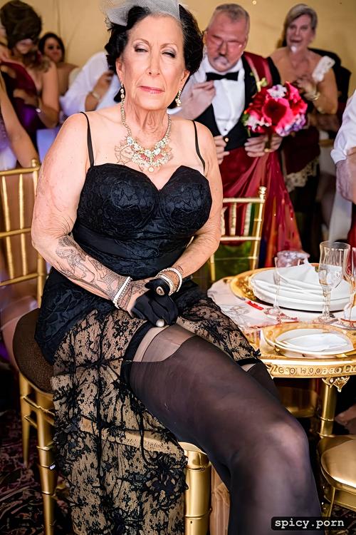 ultradetalied, close up, drunk old cuckold groom share with friends drunk shocked bride 70 years old sitting on the top on the table at the wedding