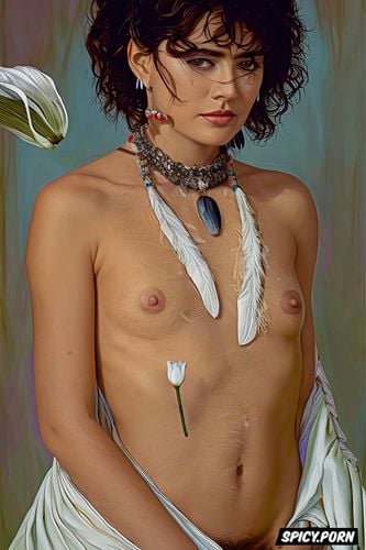 flat chest beautiful native american women with a white lily