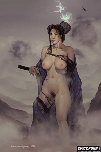 samurai sword, steam, lifting one knee, smokey, small breasts