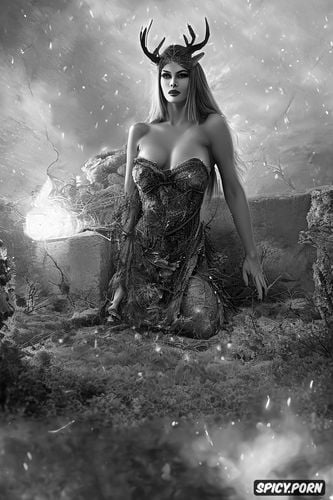 small boobs, fire particles, pencil drawing, storm, ruins, intrstunning woman