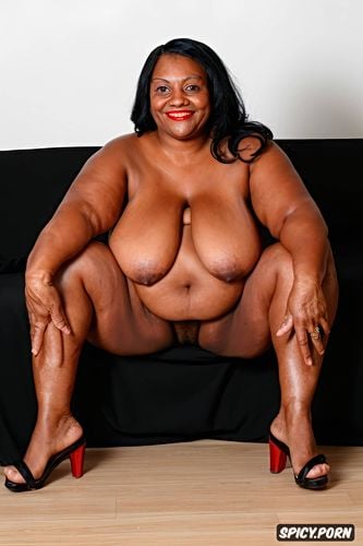 80yo, nude, standing in heels, pov frontal obese open pussy lips plumper chunky elderly grandmother big pussy lips fupa nude posing on bed
