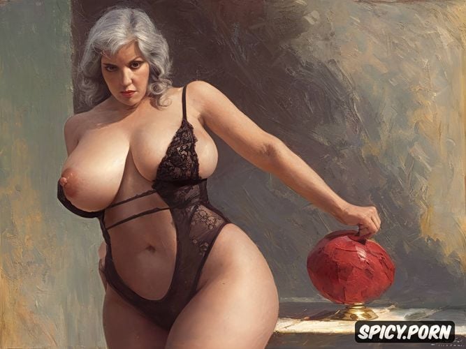 fine art, oiled, hips twice as wide as the waist, close view