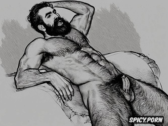 huge penis, rough sketch, 35 yo, natural thick eyebrows, rough sketch of a naked bearded hairy man sucking on a huge penis