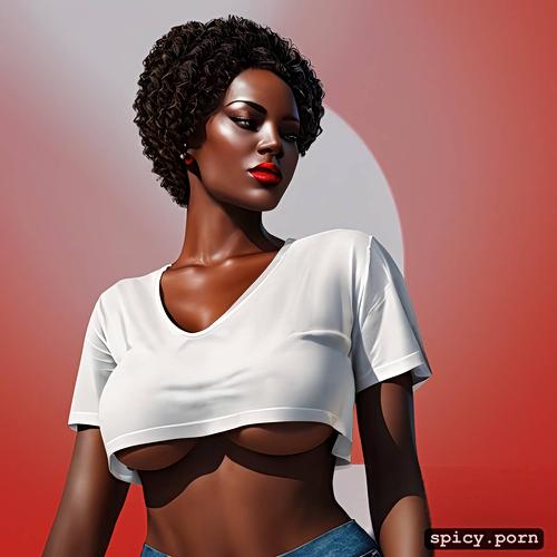 t shirt red logo sun, an ebony woman wearing a white t shirt