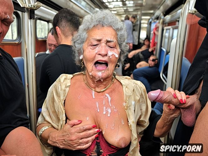 fearfully surprised, blouse, in a train carriage, perky tits