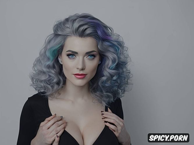 perfect face, blue hair, pastel colors, big boobs, curly hair