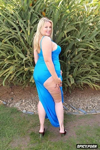slit in the dress showing full thigh, hourglass figure, big saggy milf ass