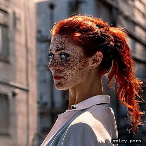 cyborg, long ponytail red hair1 2, detailed, shirt, cinematic
