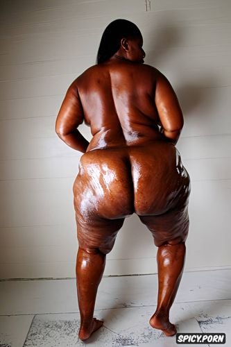 symmetrical face, oiled body, looking back, partial rear view