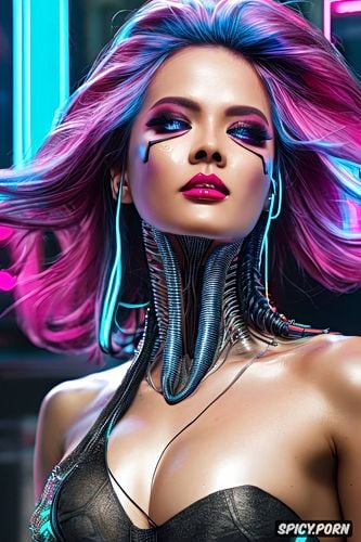 face retouch, perfect body, futuristic weapons, cyberpunk, neon lights