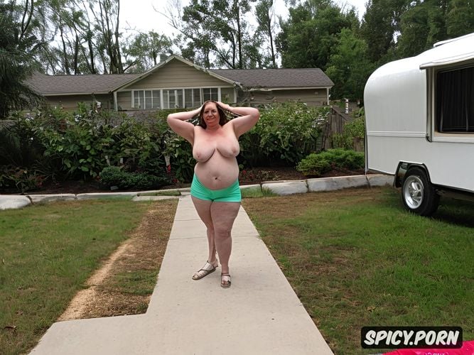 short shorts and tiny top, old mature ussbbw redneck, extremely obese ssbbw redneck mature unemployed housewife at her caravan