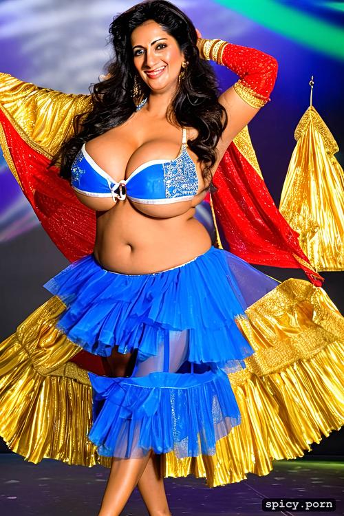 performing on stage, 41 yo beautiful indian dancer, intricate beautiful dancing costume with bikini top
