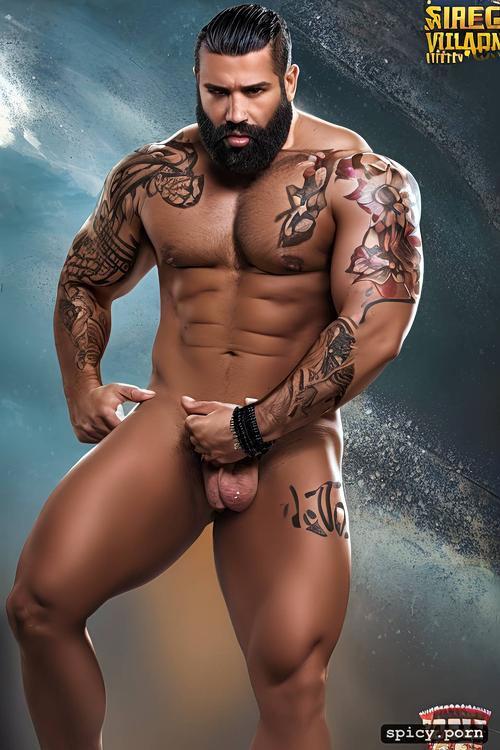 tattooed arms, stocky, large erect penis, beautiful face, super hung