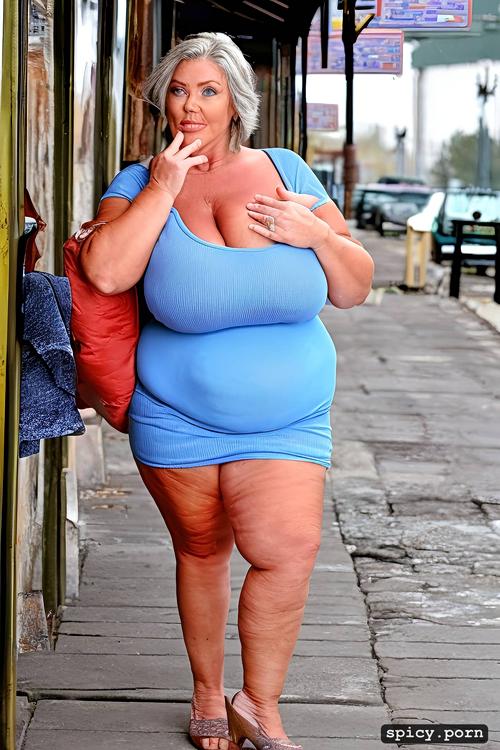 mage huge floppy saggy breasts on very fat russian mature woman with large hairy cunt fat stupid cute face with much makeup and small nose semi short hair standing straight in siberian town sidewalk gigantic floppy tits worn out woman style very fat