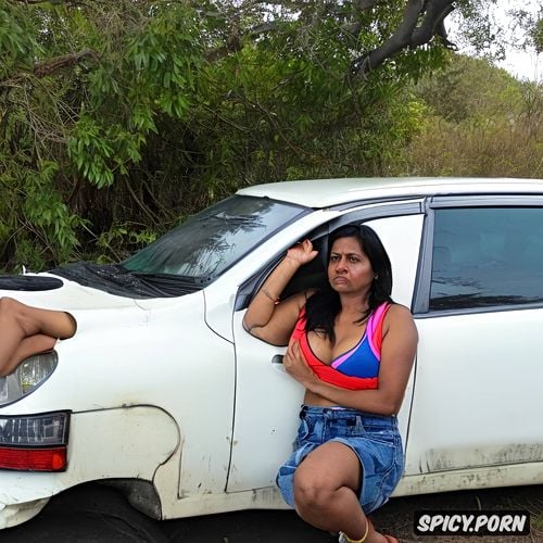 desperate to be helped, she sits on the grass beside her car her face contorted in frustration and worry