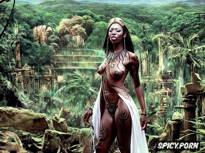 busty, tattoos, golden jewelry, white crystal armor, ancient evil town ruins and tropic forest in the background