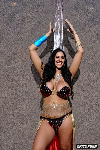 gorgeous bellydancer, extremely long wavy dark hair, massive saggy melons