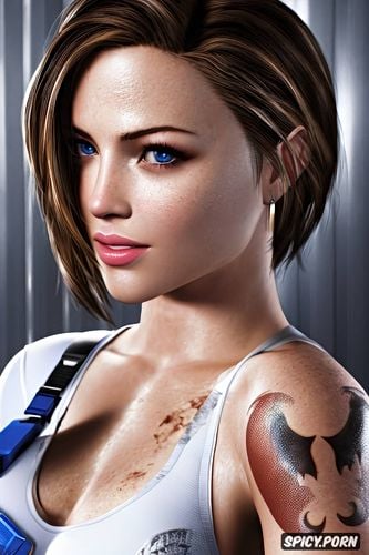 high resolution, k shot on canon dslr, tattoos masterpiece, jill valentine resident evil beautiful face young full body shot