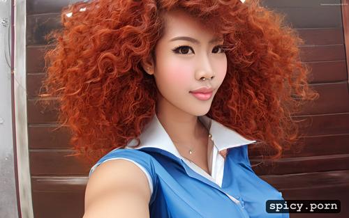 long legs, 19 yo, athletic body, thai woman, red hair, bar, selfie