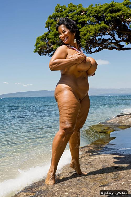 63 yo beautiful hawaiian milf, full nude body view, giant hanging breasts