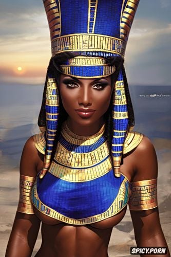 tits out, femal pharaoh ancient egypt egyptian robes pharoah crown beautiful face topless