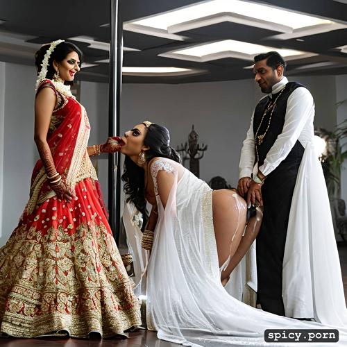 the two standing beautiful indian bride in wedding hall takes a huge black dick in the ass doggy style and giving blowjob to the bride get covered by cum all over his bridal dress the bride realistic photo and real human