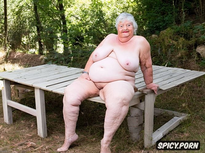 16k, naked 80 year old fat lady sitting posing her huge tits on the table photo in high definition