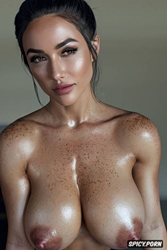 focus on pussy, huge boobs1 3, detailed boobs, oiled body, brown eyes