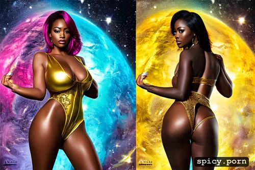 colorful hair, superhero, full body, sexy african woman, cleavage