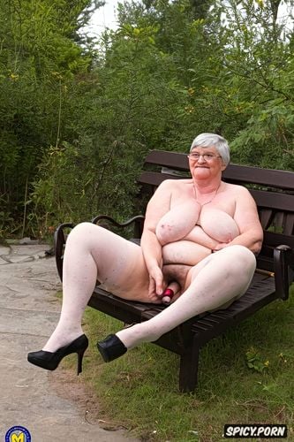 old wrinkled granny nun with detailed awesome very very huge saggy tits with huge nipples ait on bench outside and exposed her hairy pussy masturbate