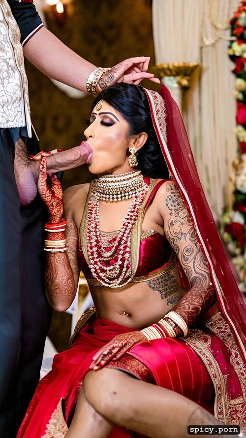 the two standing beautiful indian bride in wedding hall takes a huge black dick in the mouth and giving blowjob to the bride get covered by cum all over his bridal dress the bride realistic photo and real human