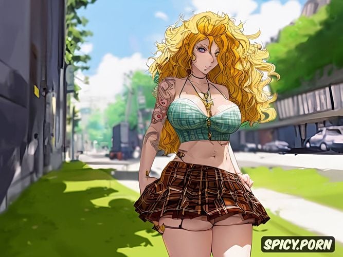 street, white woman, curly hair, chubby body, tartan mini skirt