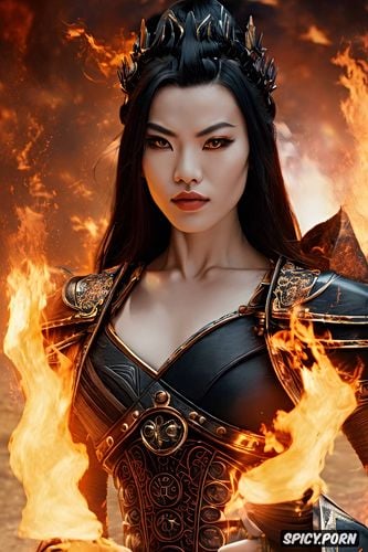 artstation, flame crown, face shot, black hair in an intricate updo