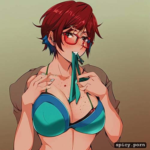 teal bikini, short hair, red hair freckles, 18 years old, round glasses