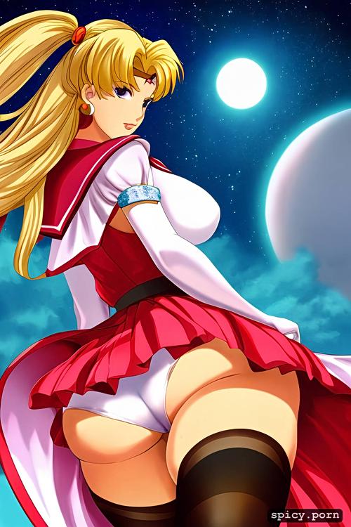 extreme long legs, blue cape, miniskirt, flying, kylie minoque is sailormoon