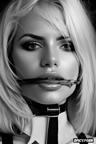 ballgag in mouth, office, cute face, leather collar around neck