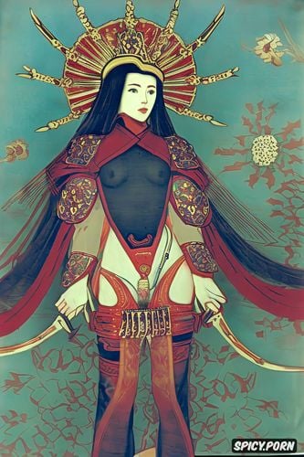 samurai, portrait olivia munn, brown hair, gold frame, 2 dimensional