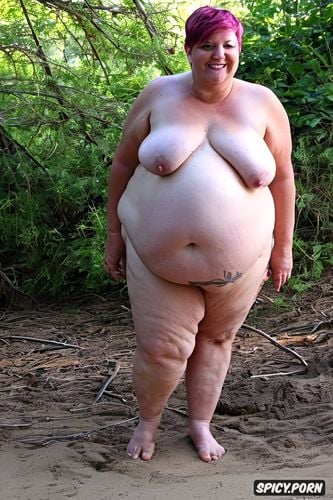 tanned skin, huge saggy breasts, large legs, really big hips