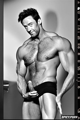 bare chest, seductive look, hugh jackman teasing his bulge, muscular thighs