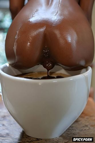 brown coffee pours from her ass into the cup below, smiling face