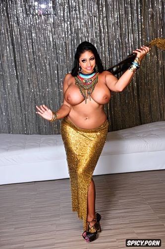 gold jewelry, silver jewelry, full view, massive breasts, color photo