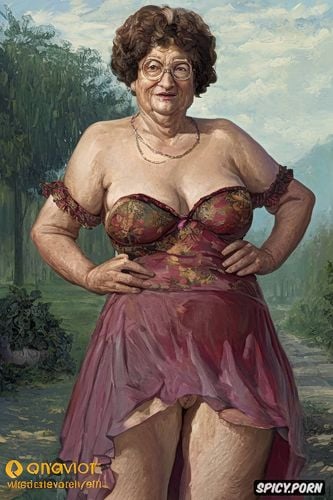 the old fat grandmother has nude pussy under her skirt