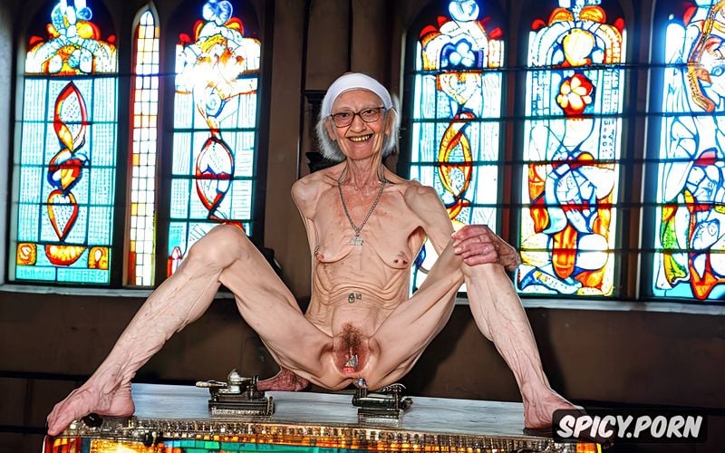 spreading legs, cross necklace, glasses, cathedral, very old ugly granny