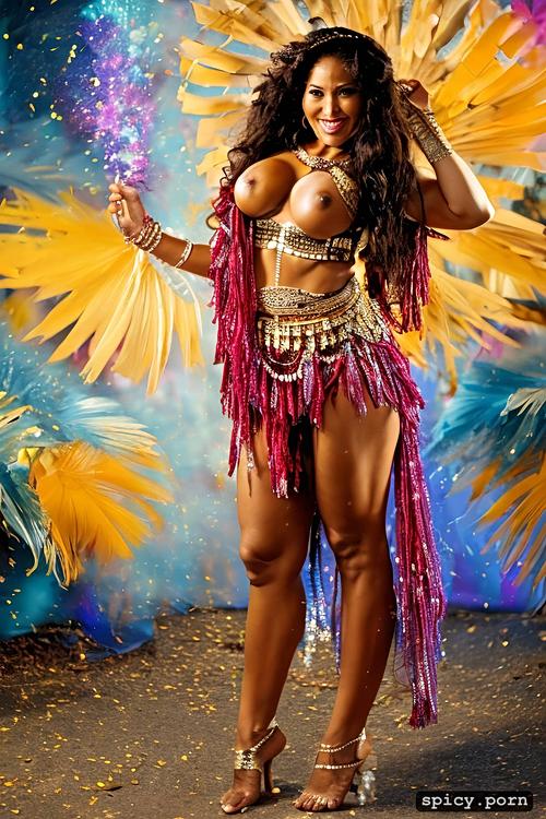 50 yo beautiful tahitian dancer, beautiful smiling face, extremely busty