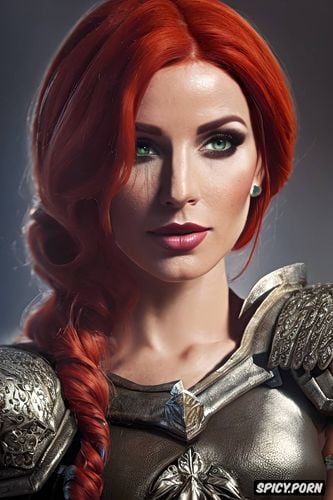 k shot on canon dslr, ultra detailed, masterpiece, triss merigold the witcher wearing armor beautiful face full lips milf