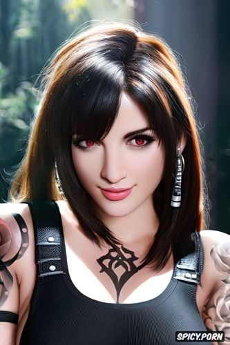 k shot on canon dslr, ultra realistic, tifa lockhart final fantasy vii rebirth beautiful face young tight outfit tattoos masterpiece