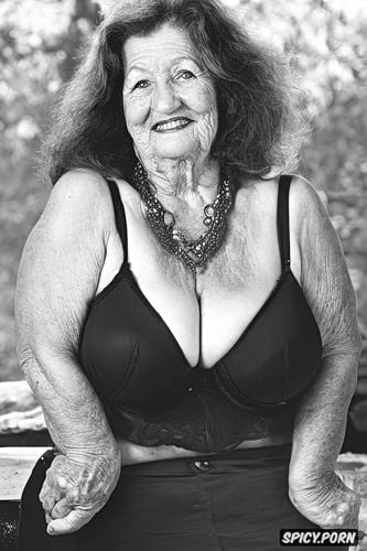 a naked granny with huge boobs looking at the camera, massive boobs