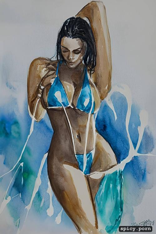 woman, wearing bikini, fully coverd in sperm